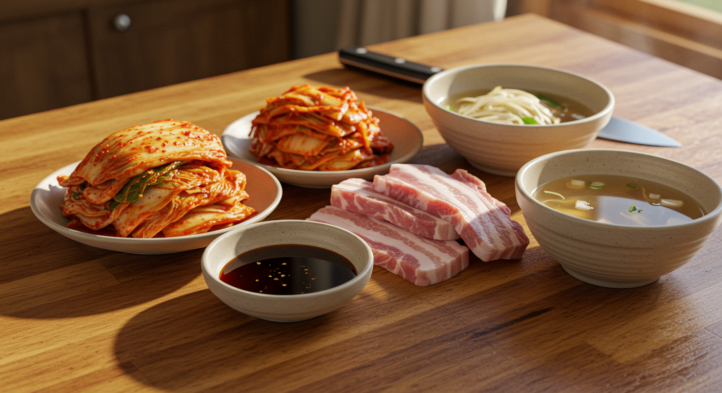 나무 테이블 위에 놓인 다양한 김치찌개 재료 클로즈업