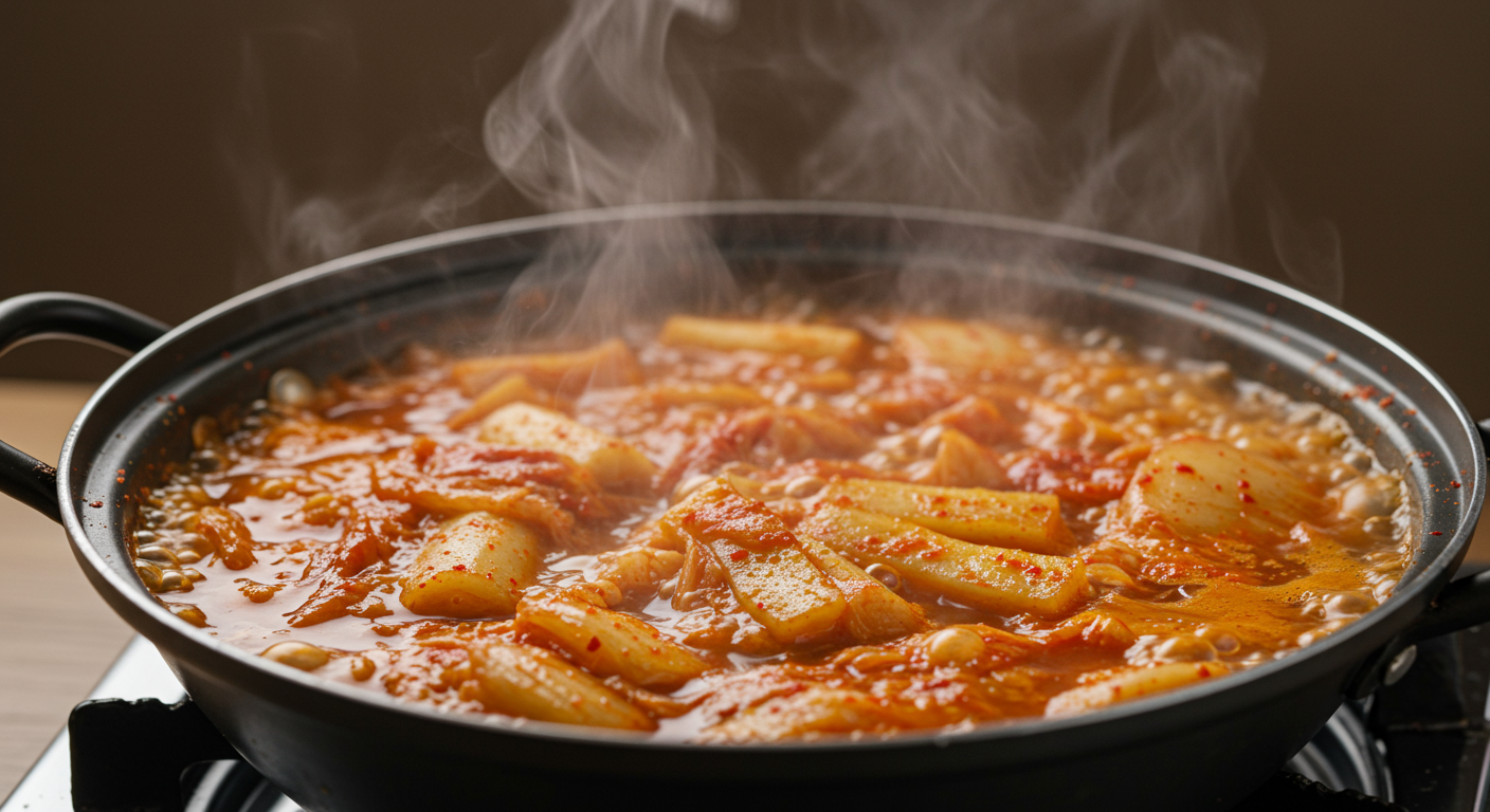동치미와 쌈장으로 만든 진한 국물이 끓고 있는 김치찌개 냄비