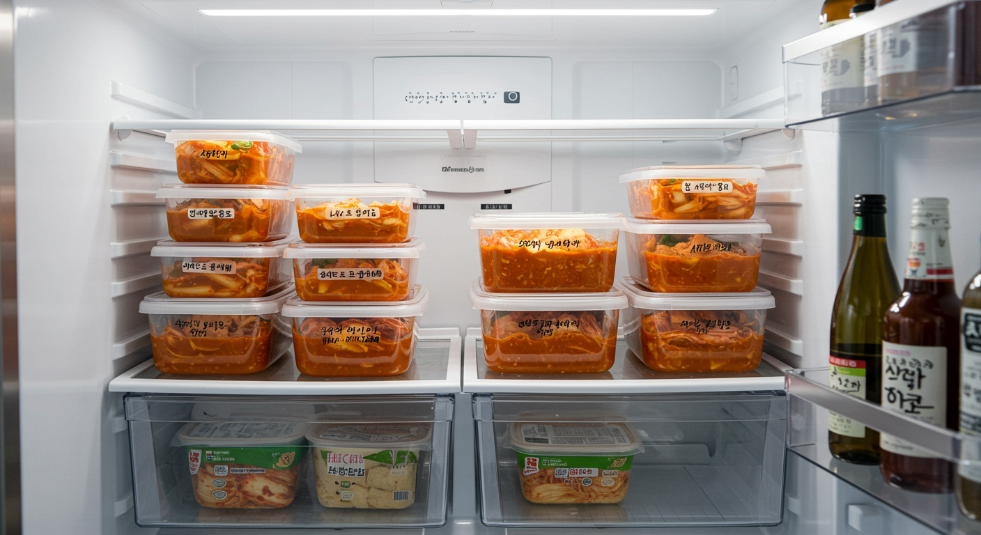 깔끔하게 정리된 냉장고 내부에 보관된 김치찌개 밀폐 용기들