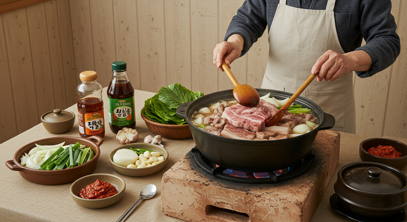 전통 가스레인지에서 수육을 만들고 있는 한국 주방 모습