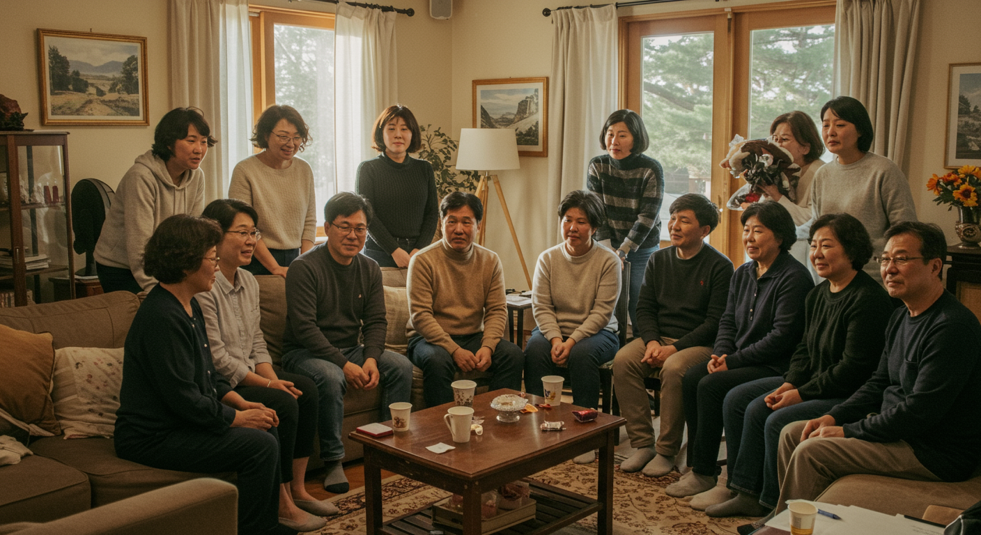 따뜻하고 지지적인 분위기 속에서 회복 이야기를 나누는 지원 그룹 모임 장면