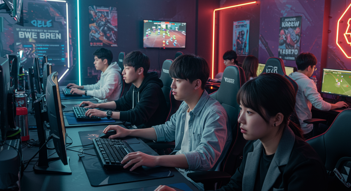 젊은 한국인들이 현대적인 PC방에서 전략적 타워 디펜스 게임을 즐기는 모습