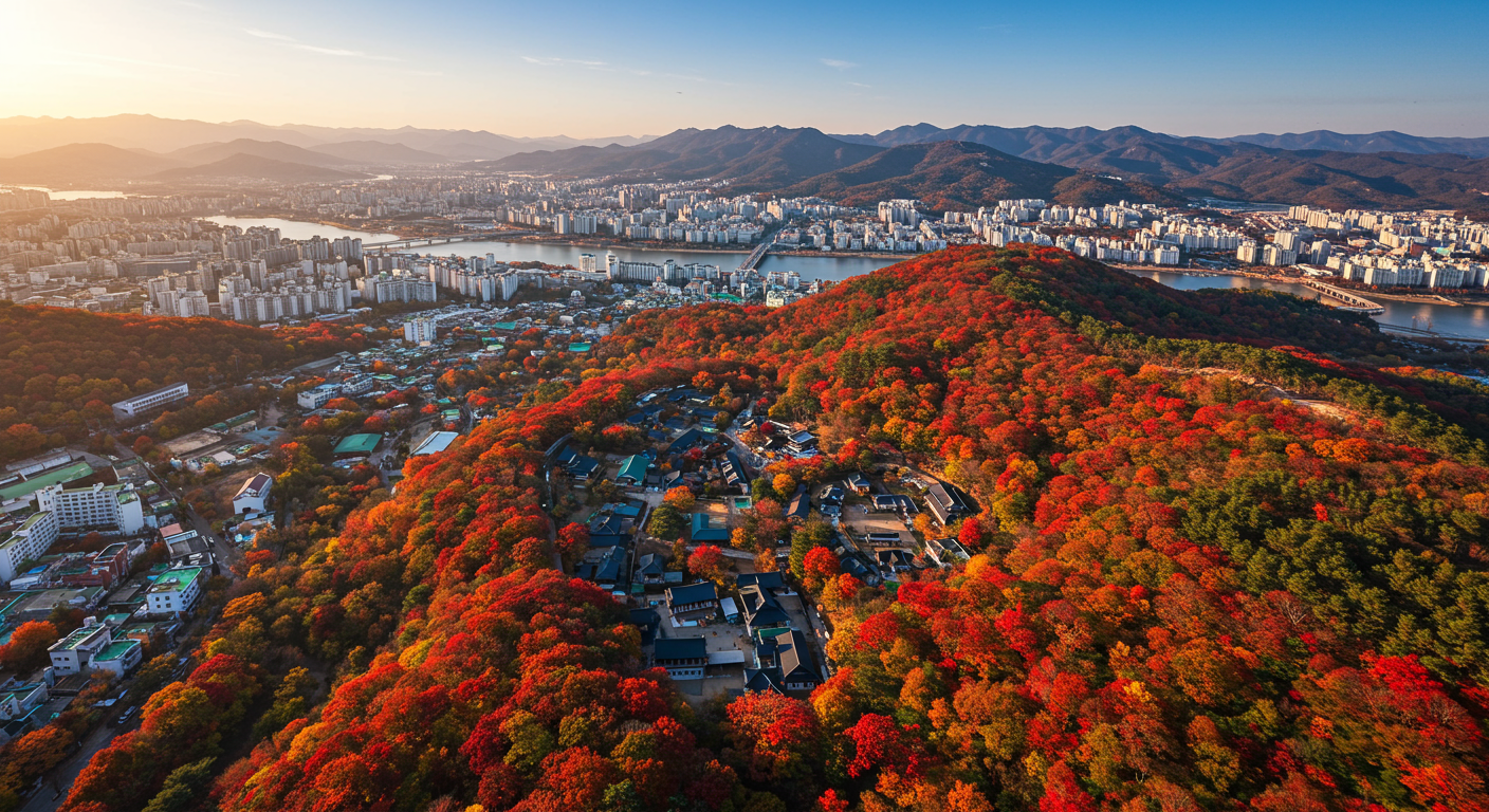 가을 절정기에 붉고 주황색으로 물든 서울 강북 지역의 항공 뷰