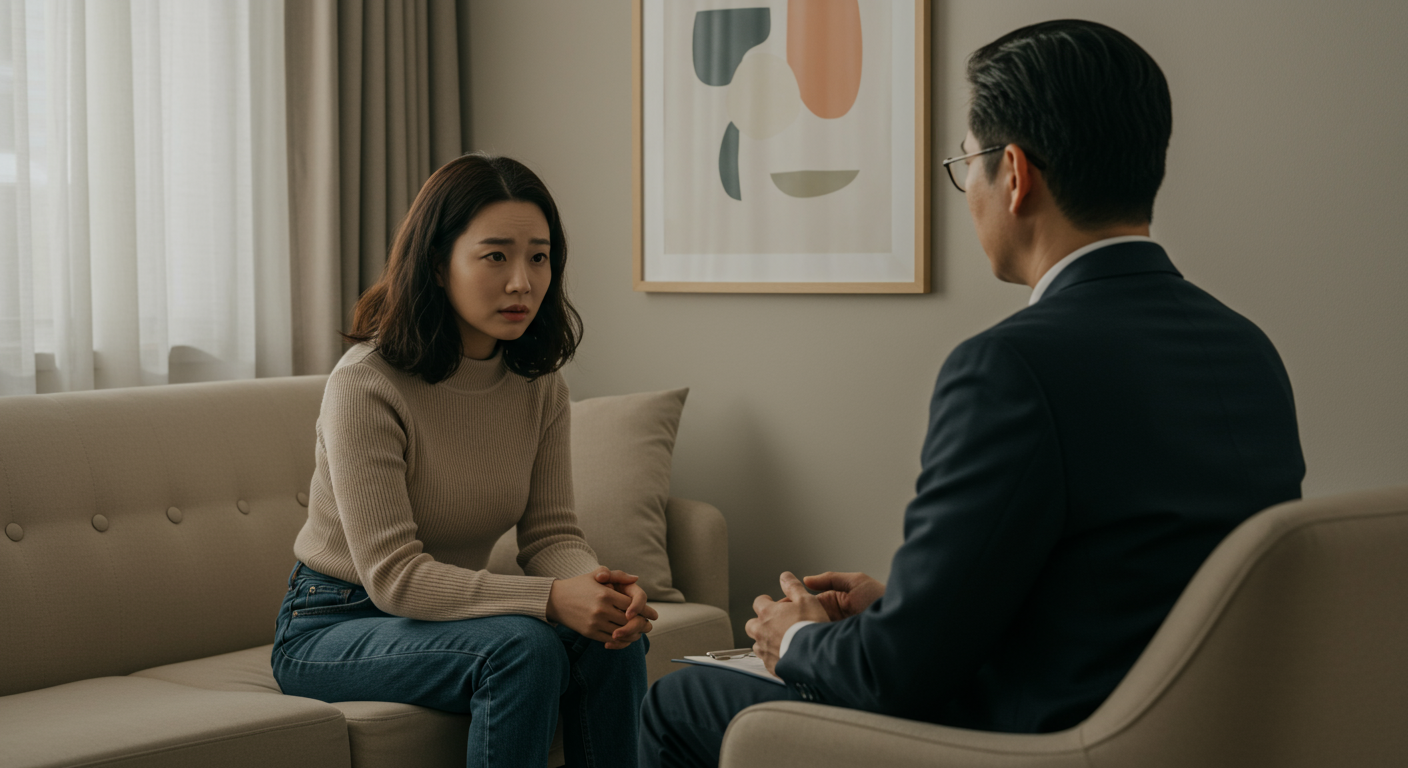 상담실에서 치료사와 대화를 나누는 여성의 모습