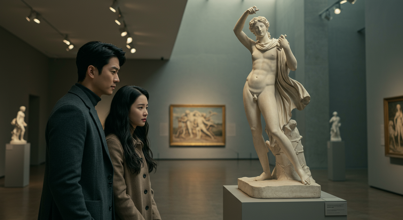 현대 미술관에서 아폴론과 다프네 조각을 감상하는 한국 커플