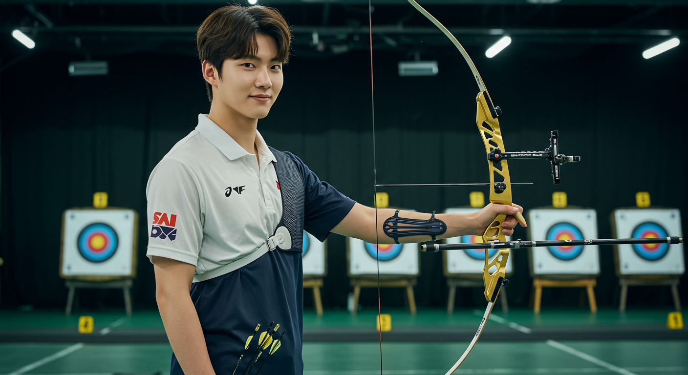 활과 화살을 든 자신감 있는 젊은 남성이 양궁장에서 포즈를 취하는 모습