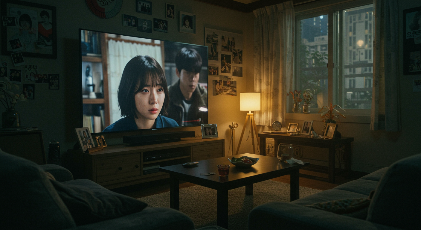 한국 아파트의 TV 화면에서 방영 중인 파친코 시즌2 마지막 에피소드 장면