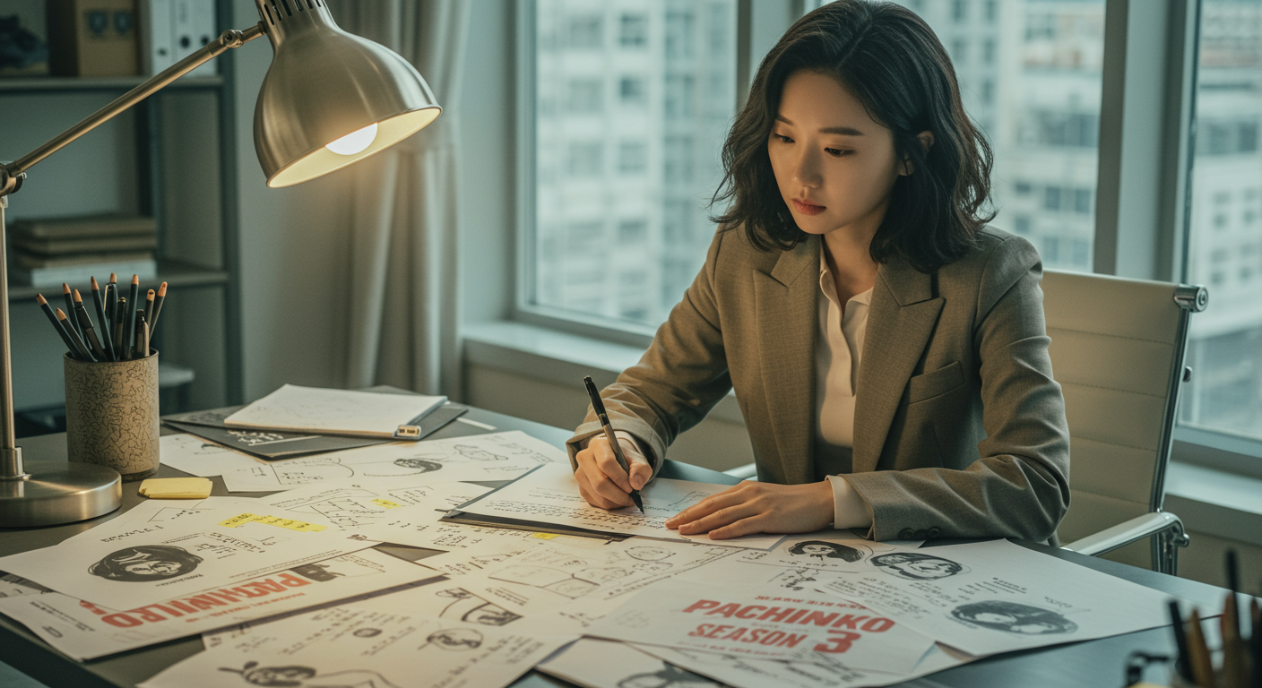 세련된 사무실에서 파친코 시즌3 대본 초안을 작성 중인 작가