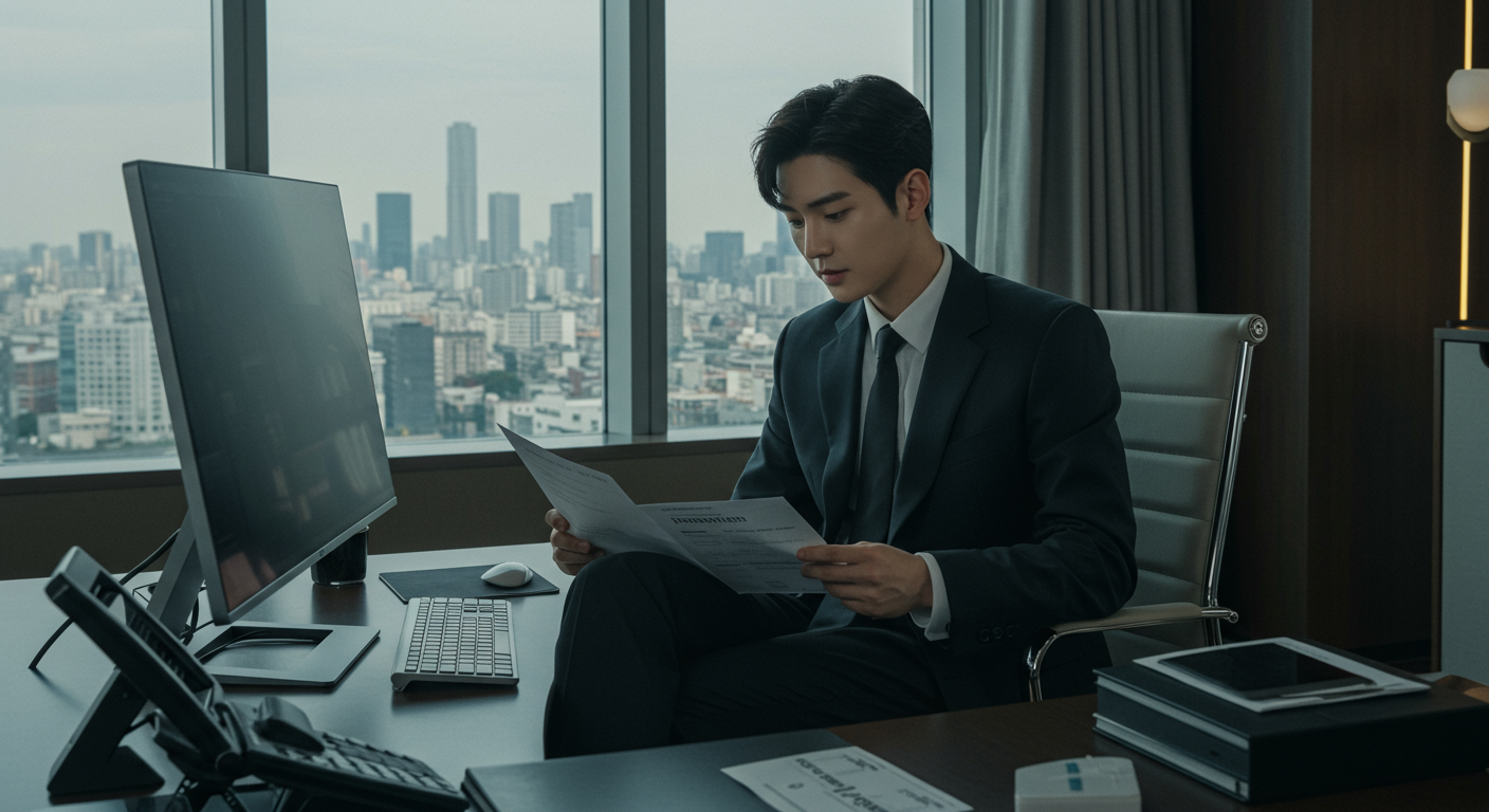 가수 김호중이 고급스러운 사무실에서 기부 서류를 검토하는 모습
