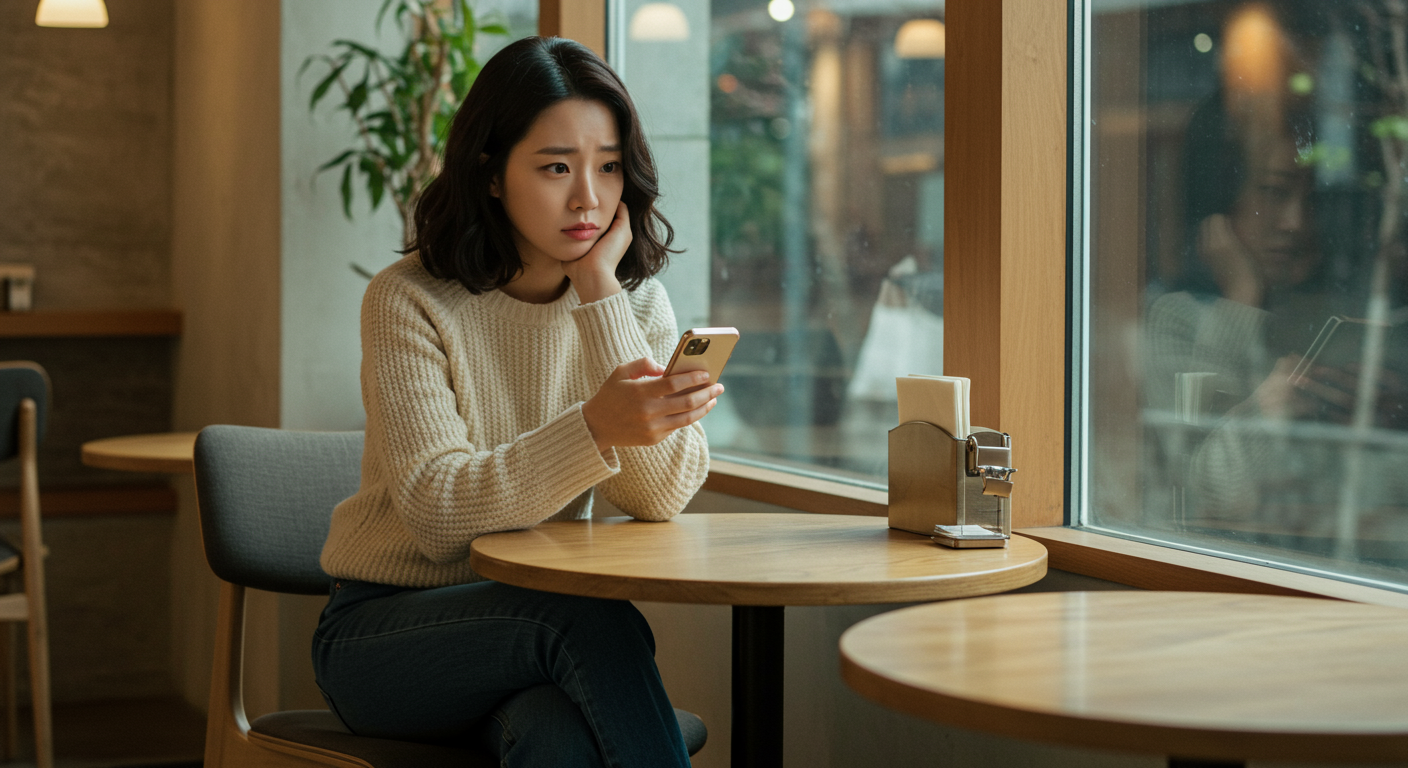 카페에서 휴대폰을 보고 있는 현대 한국 젊은 여성의 고민하는 표정