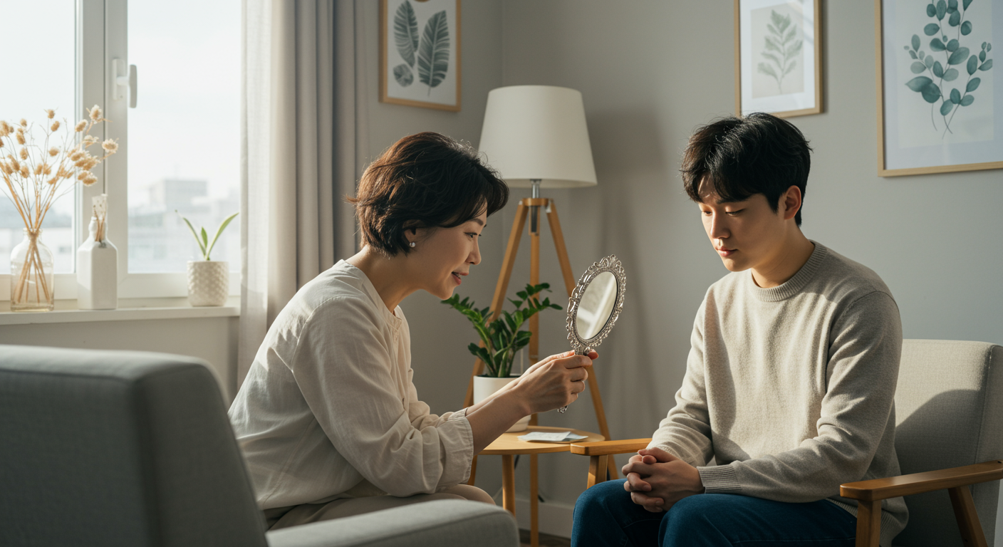 치료사와 내담자가 조용한 사무실에서 거울을 보며 대화하는 장면
