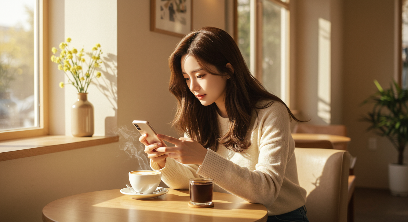 현대적인 카페에서 스마트폰으로 웹소설을 읽고 있는 젊은 여성
