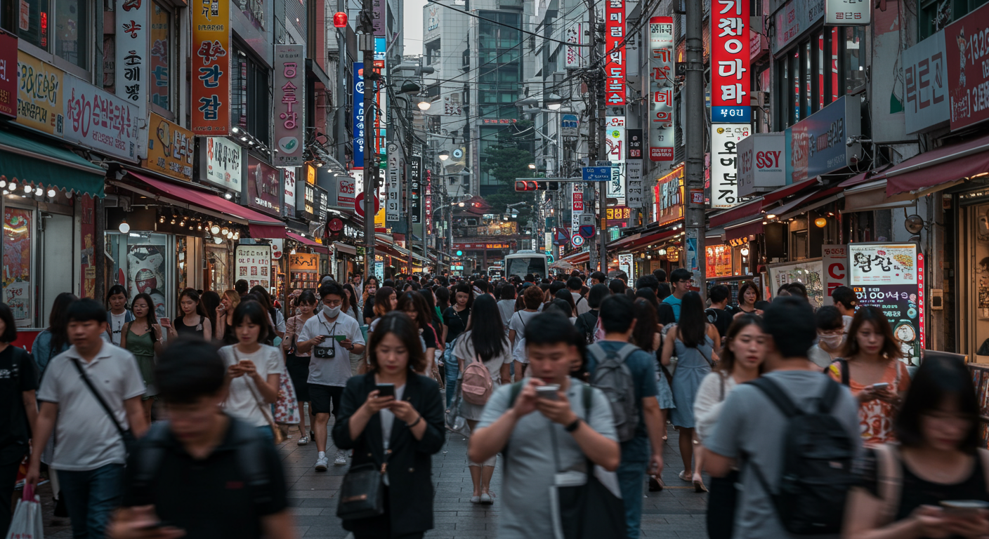 서울 거리에서 사람들이 스마트폰과 태블릿으로 웹소설과 만화를 즐기는 모습