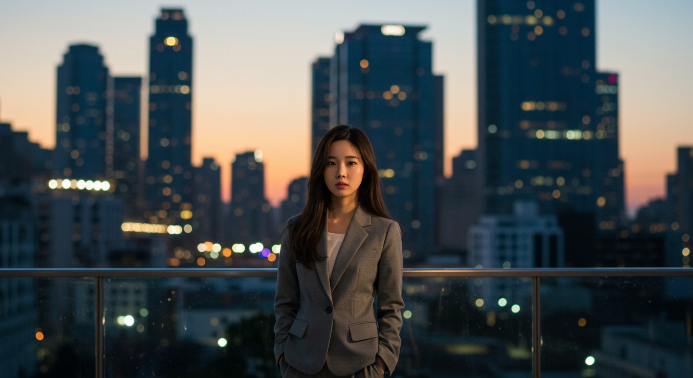 도시 풍경을 배경으로 독립적이고 결단력 있는 젊은 여성이 당당하게 서 있는 모습