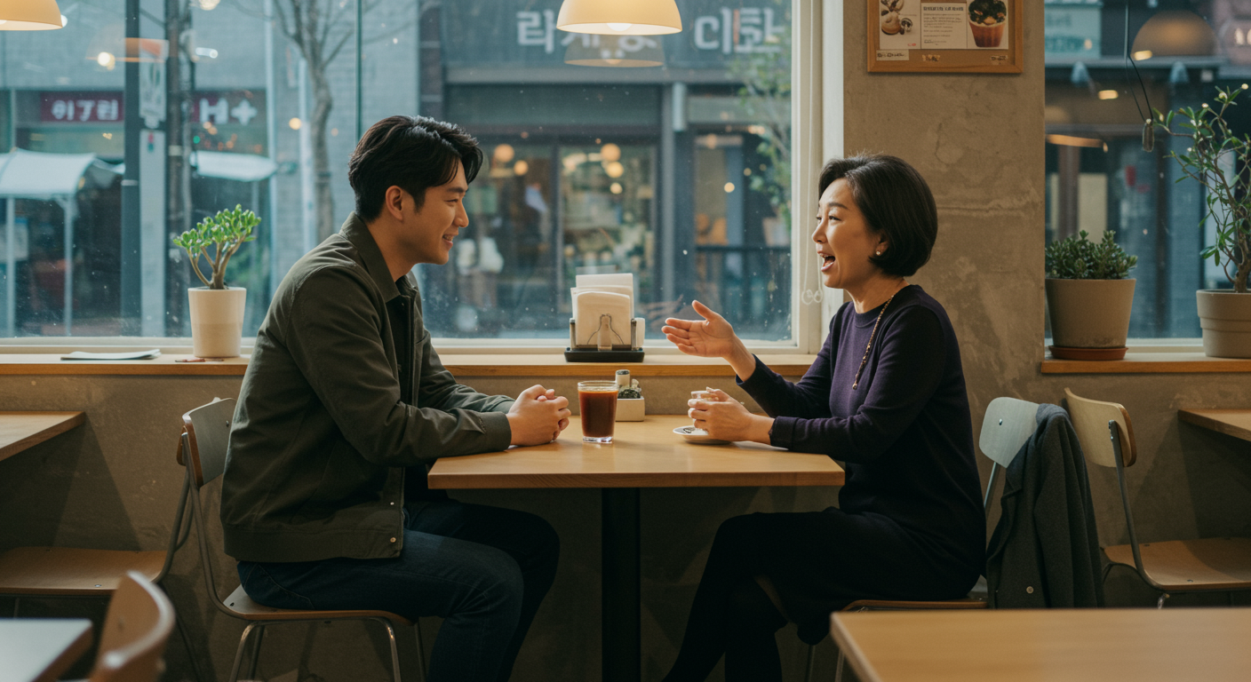 나이 차이가 있는 커플이 카페에서 대화하는 모습
