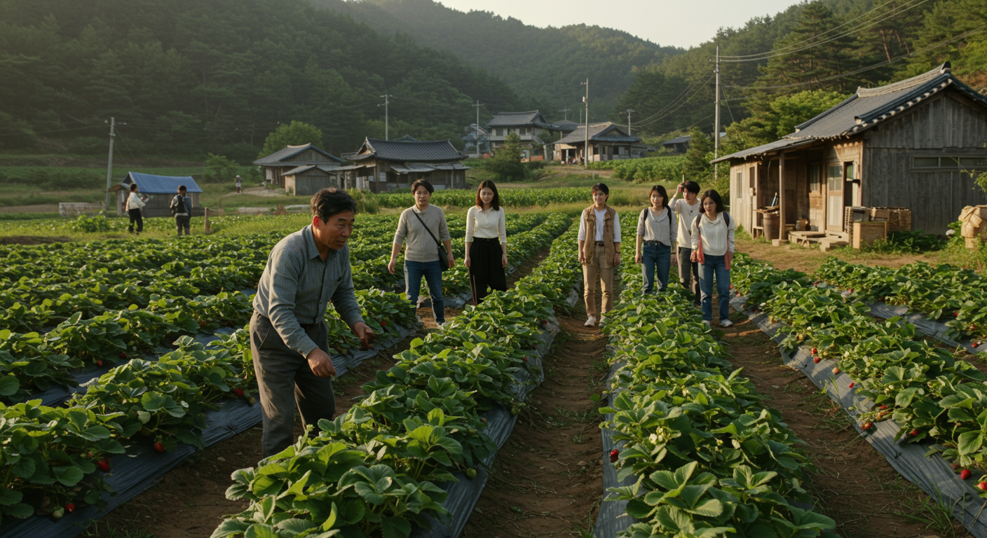 시골 한국 마을에서 딸기 농사를 짓는 싱글대디의 신중한 모습