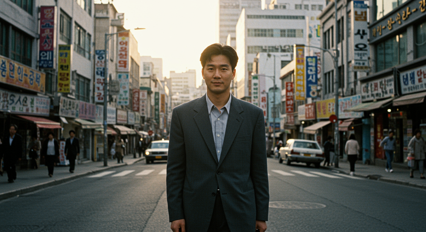 1990년대 후반 서울 거리에서 자신감 있게 서 있는 젊은 기업가