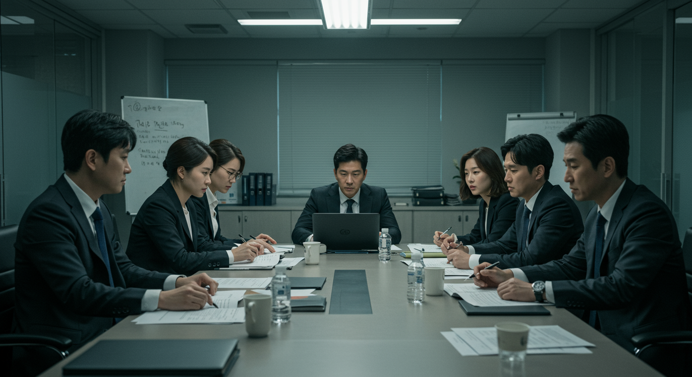 경제적 어려움 속에서 회의실에서 사업 전략을 토론하는 한국 직원들
