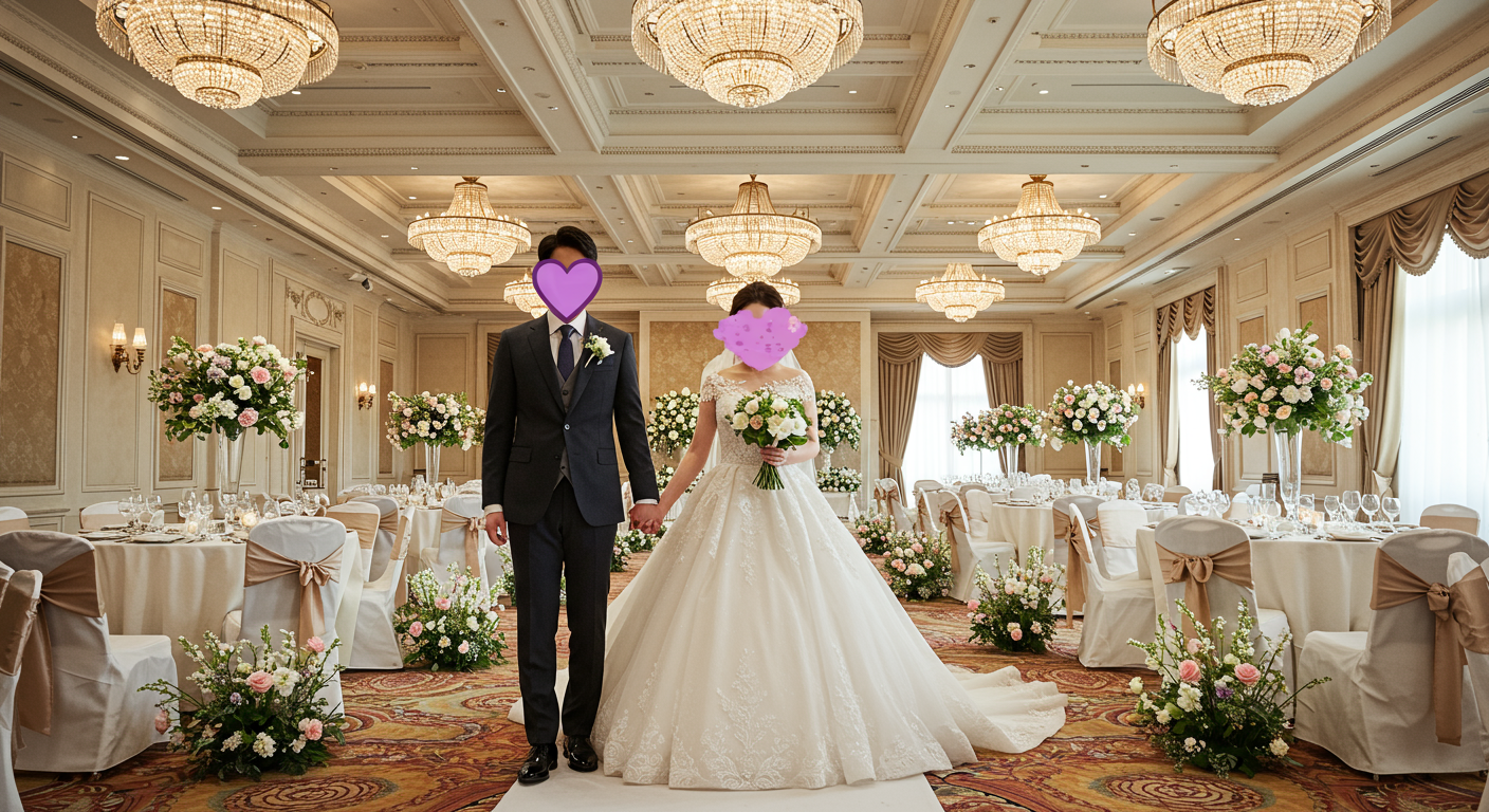 결혼식장에서 보라색 하트 이모티콘으로 얼굴이 가려진 신부와 함께 있는 곽튜브