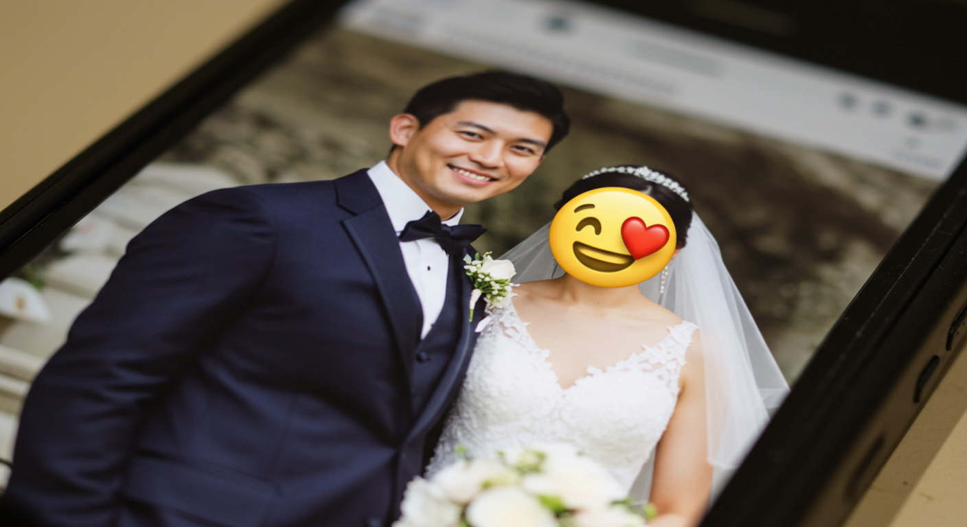 스마트폰 화면 속 얼굴이 가려진 웨딩사진 클로즈업