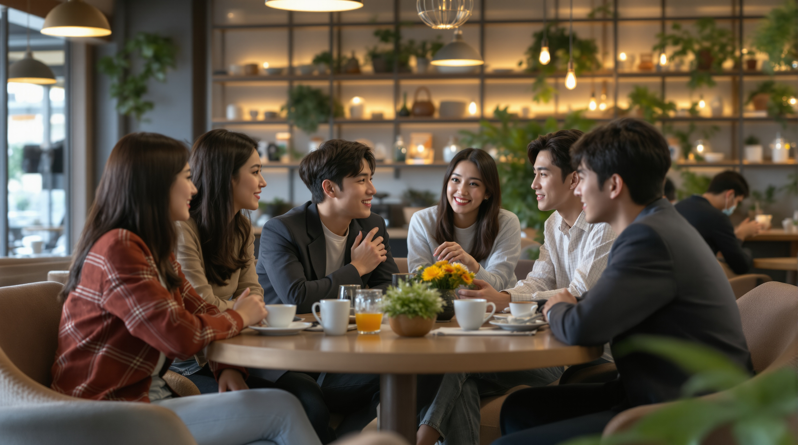 카페에서 다양한 사람들이 모인 가운데 두 연예인이 처음 만나는 장면