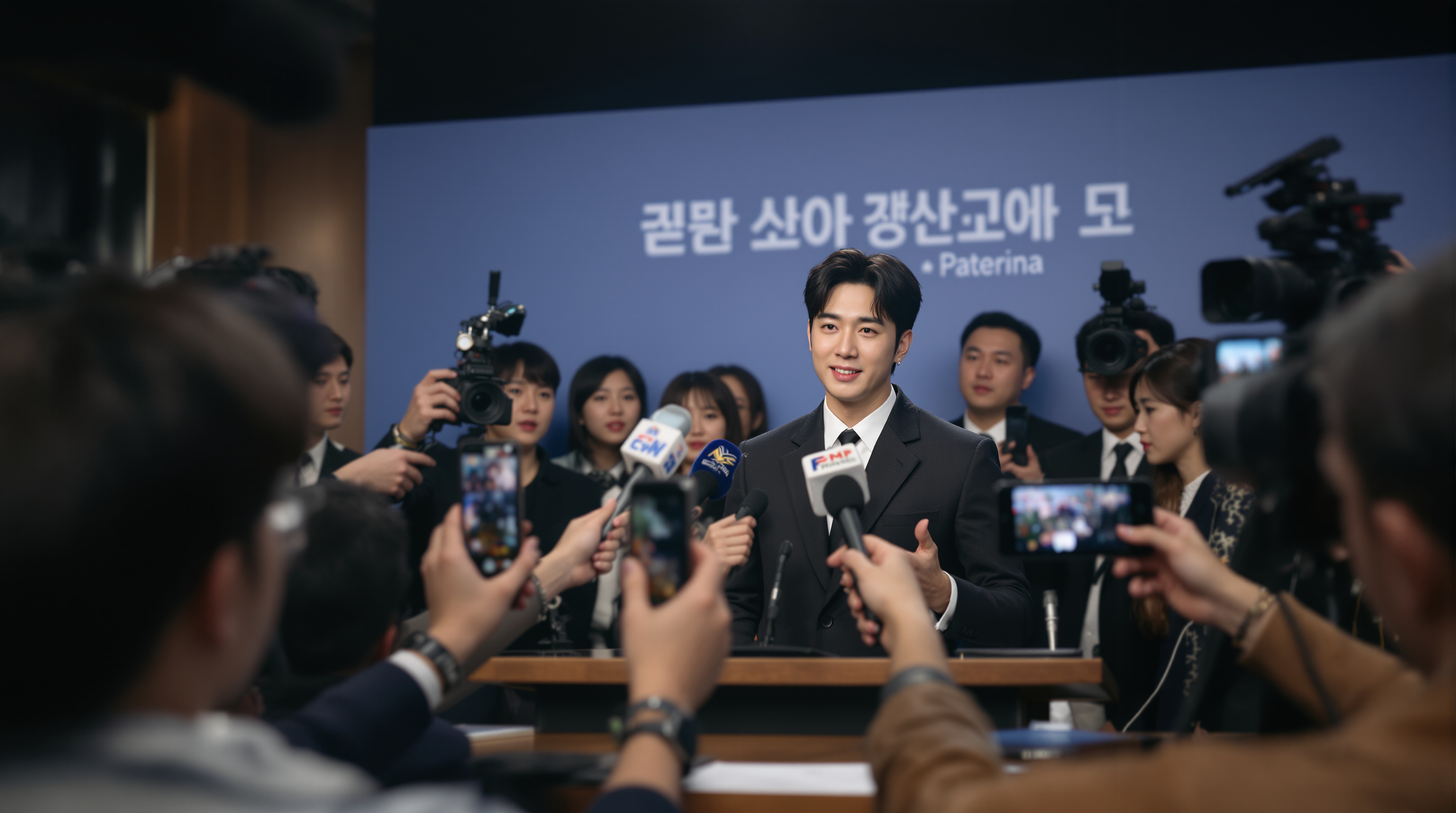 한국 배우가 언론 앞에서 친부임을 인정하는 기자회견 장면