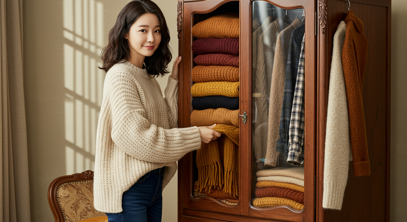 가을 옷장 앞에서 따뜻한 색감의 니트를 입고 있는 배우의 모습