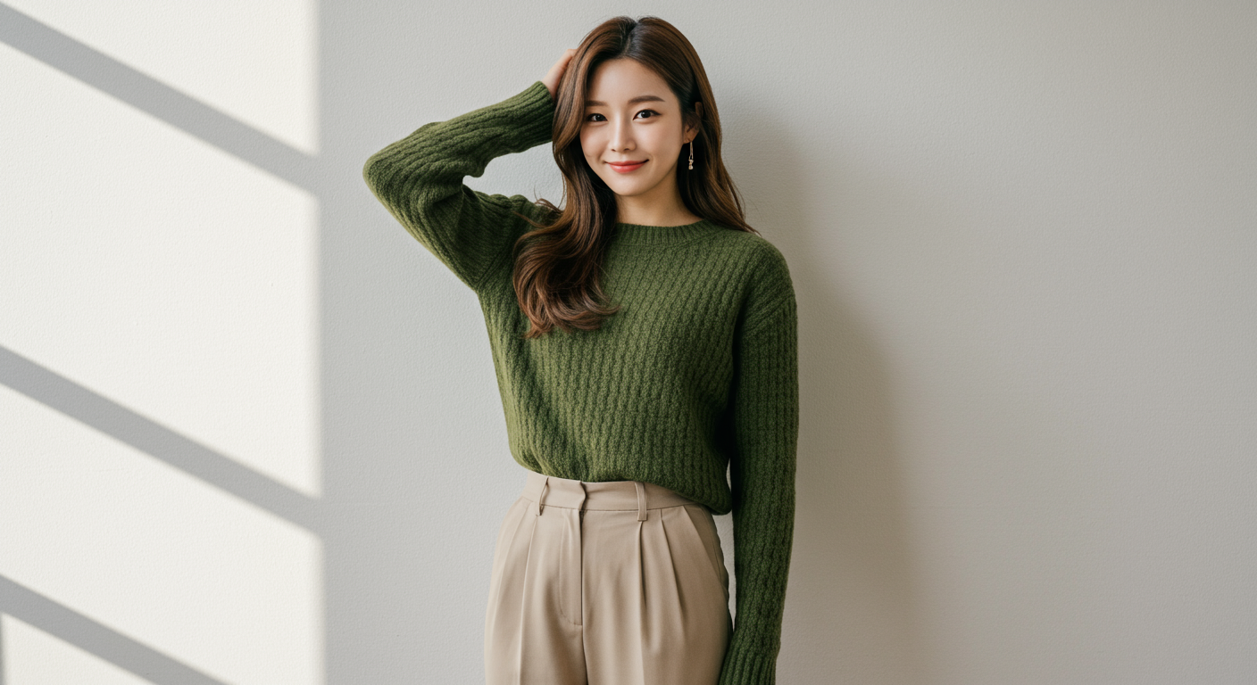 올리브그린 니트와 베이지 팬츠를 입고 인스타그램용 사진을 찍는 패션 인플루언서