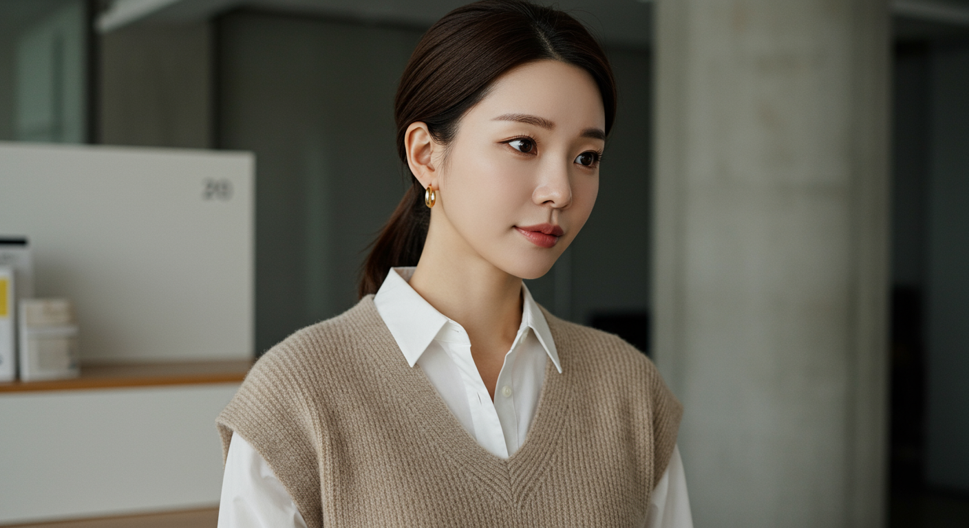 화이트 셔츠 위에 베이지 브이넥 니트를 레이어드한 오피스룩
