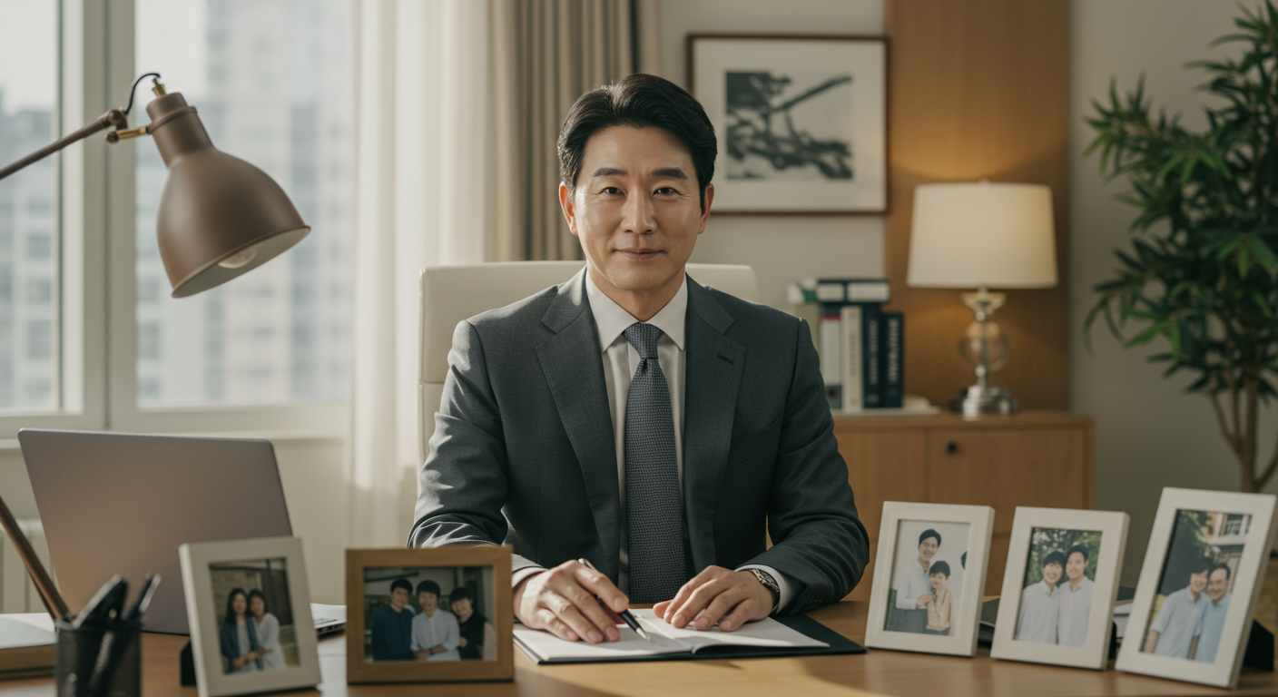 현대적인 사무실에서 책상 위에 가족 사진이 놓여 있는 모습