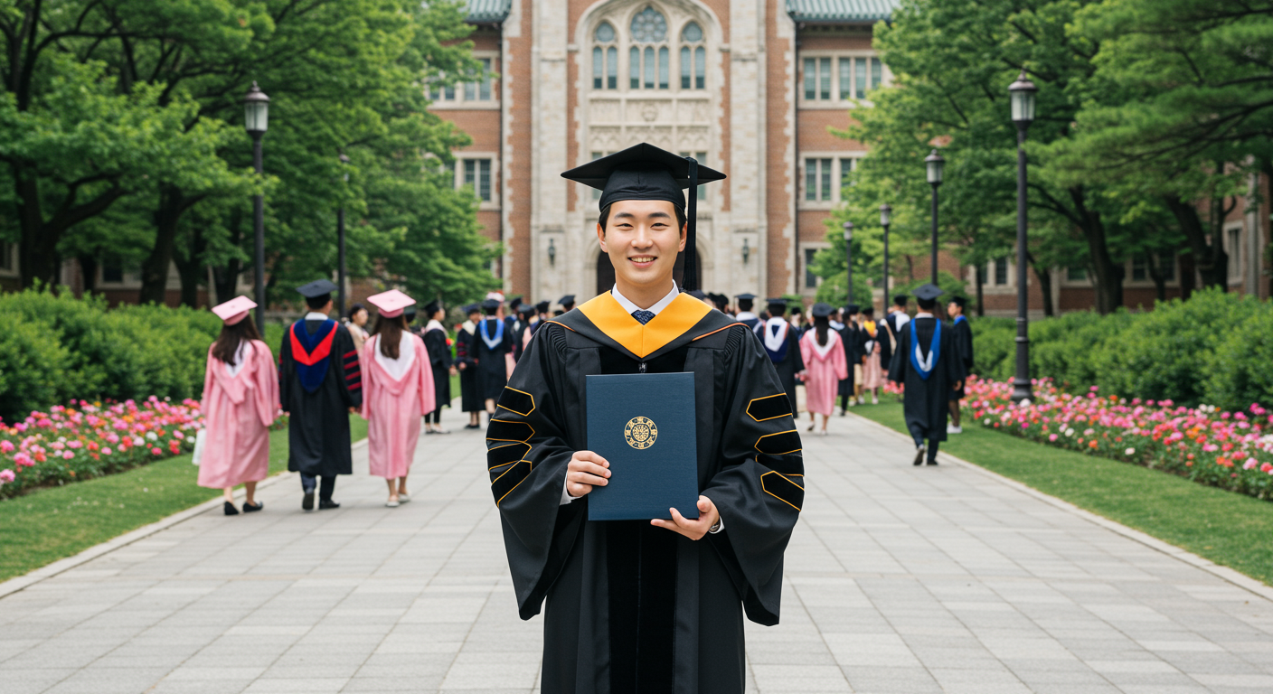 서울의 대학 캠퍼스에서 졸업식 복장을 입은 젊은 남자