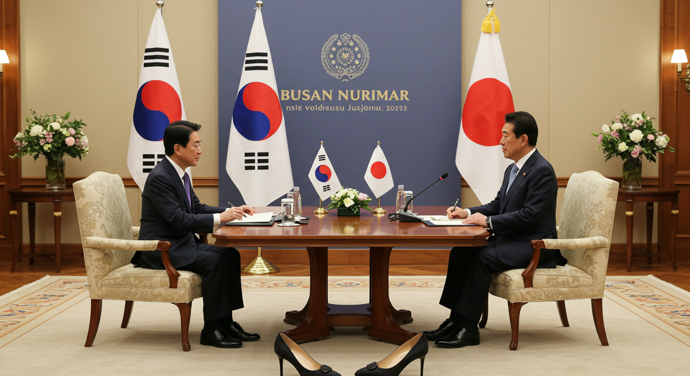 부산 누리마루에서 한일 정상 회담 중 키높이 구두가 강조된 장면