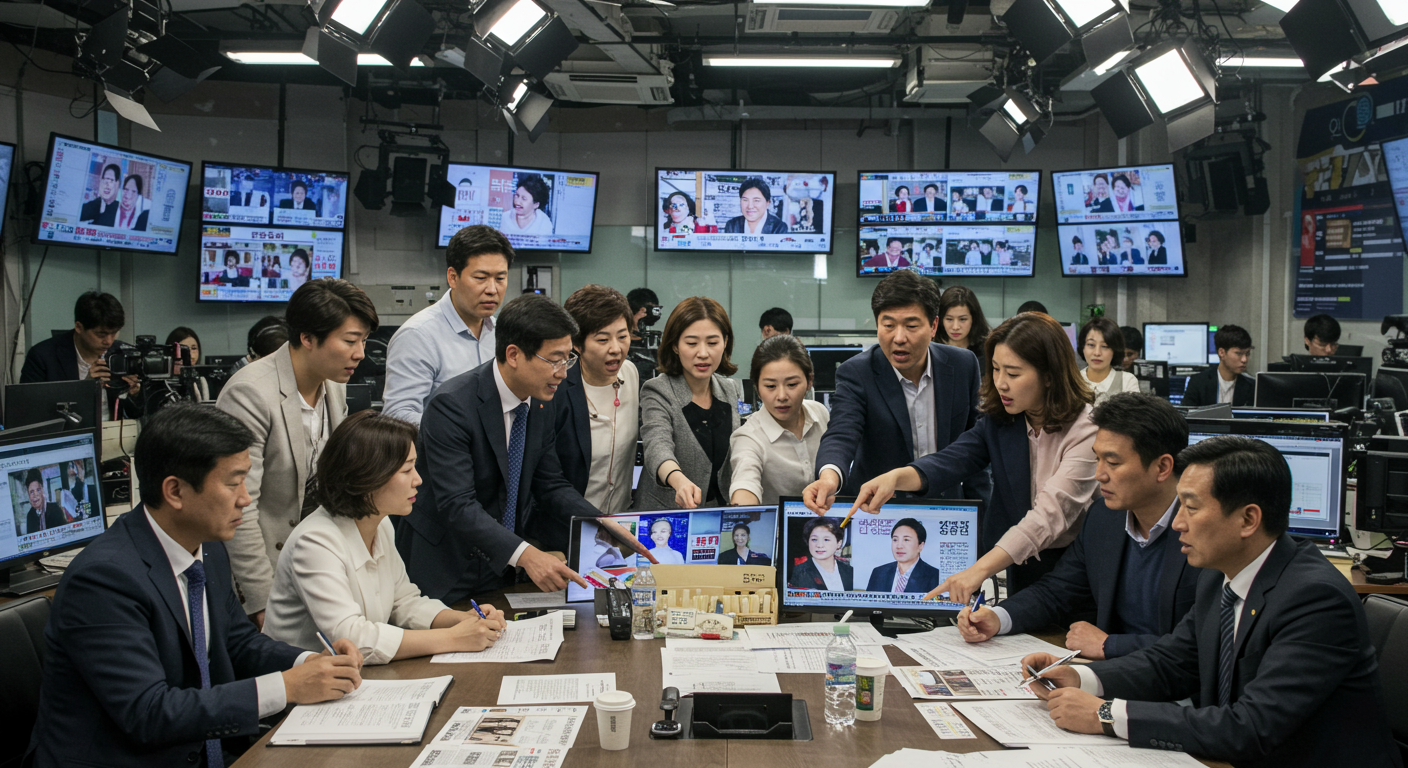 한국 뉴스룸에서 기자들이 정책보다 정치인의 외모에 집중한 보도를 논의하는 모습