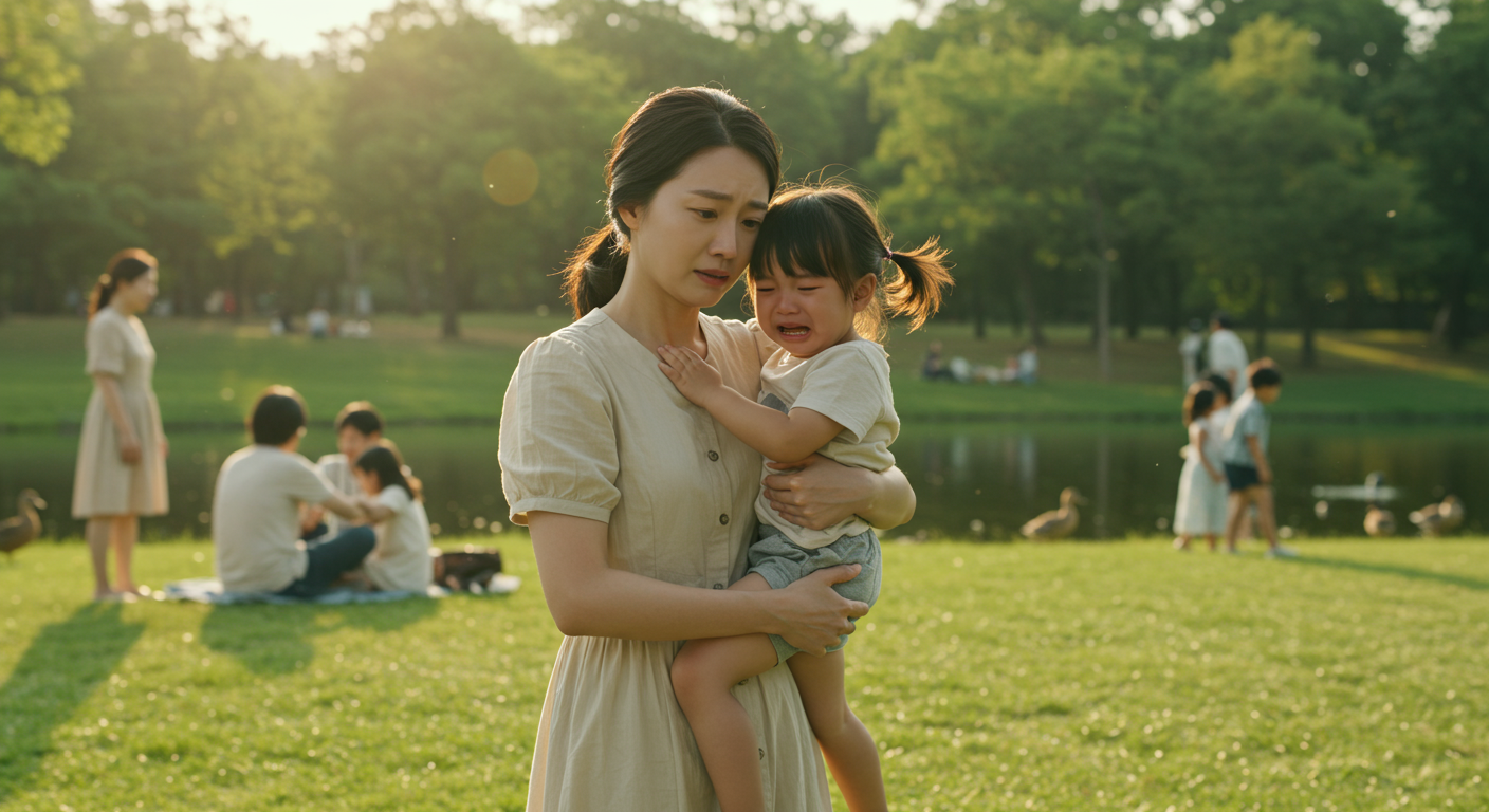 공원에서 울고 있는 아이를 달래주는 참을성 있는 어머니