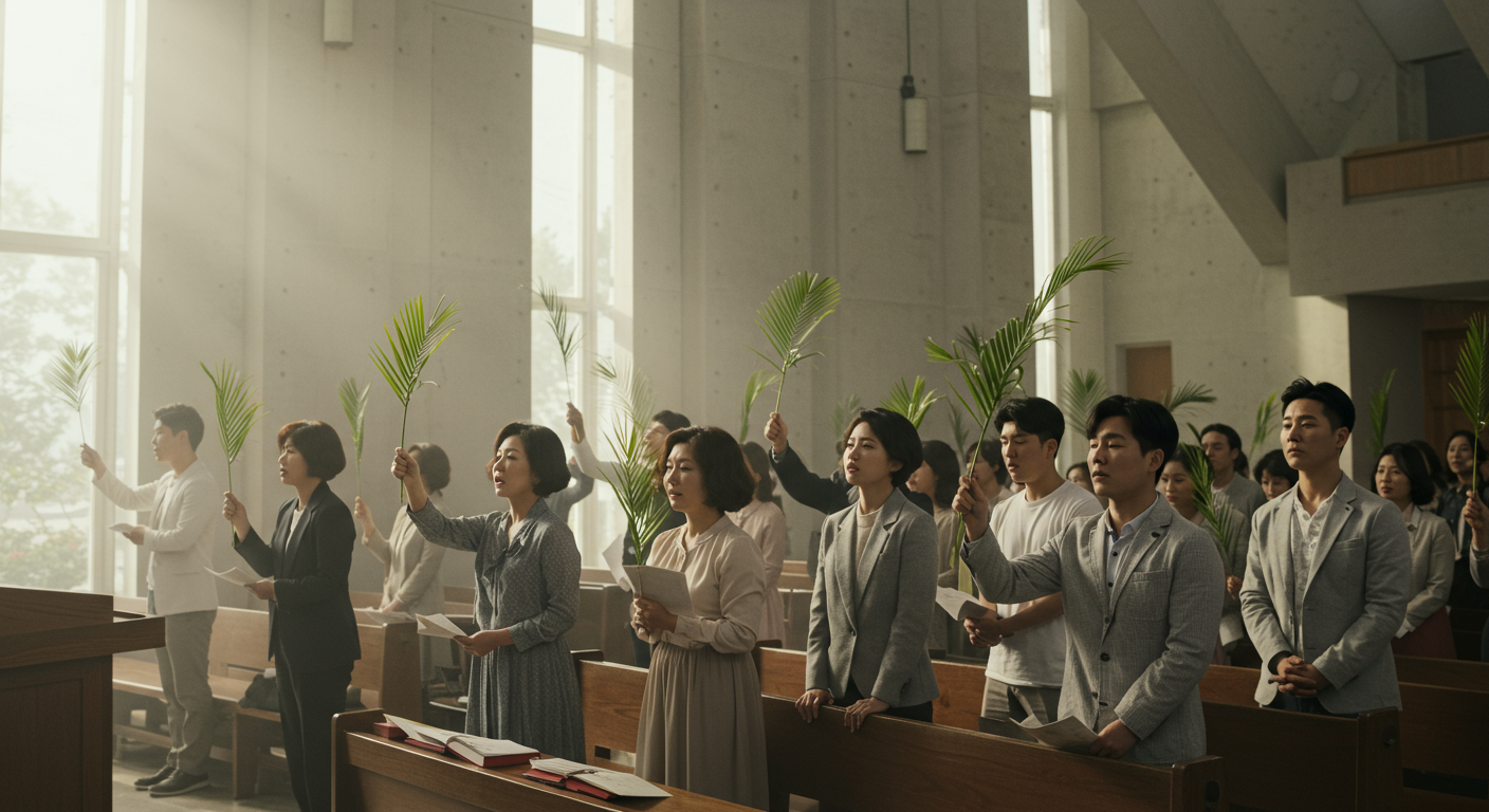 현대적 교회에서 종려나무 가지를 들고 있는 한국 성도의 모습