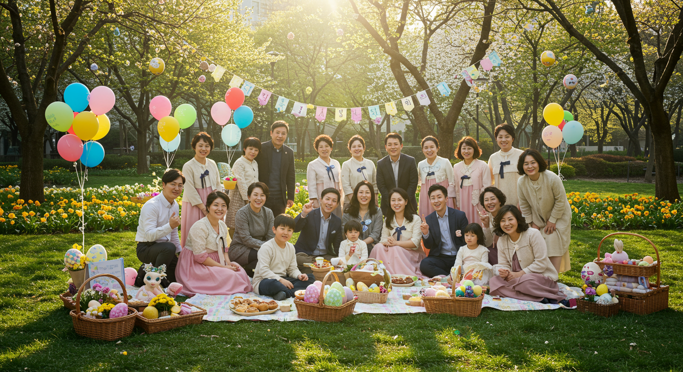 부활절을 맞아 도시 공원에서 축하하는 즐거운 한국 크리스천들