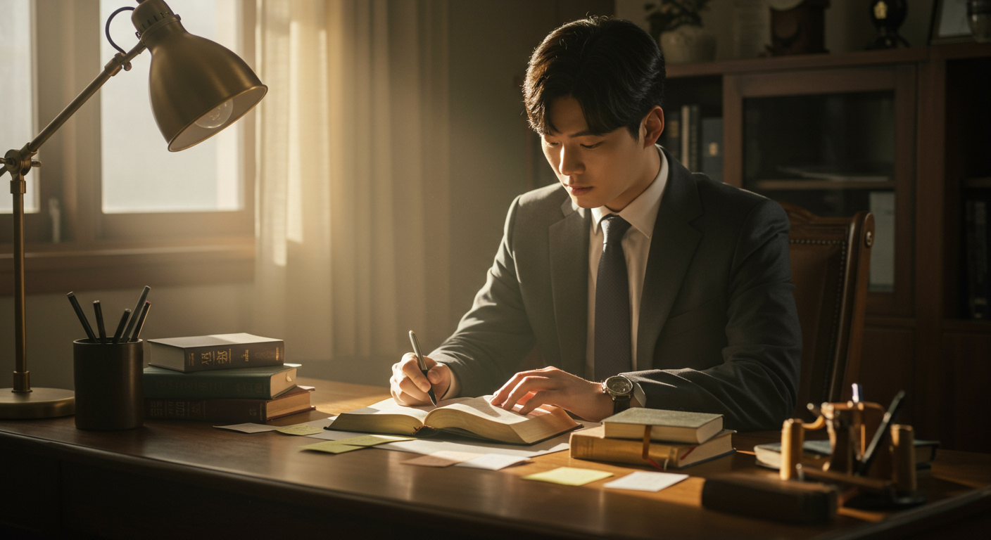 책상에서 기도를 준비하는 젊은 한국 목사의 집중된 모습