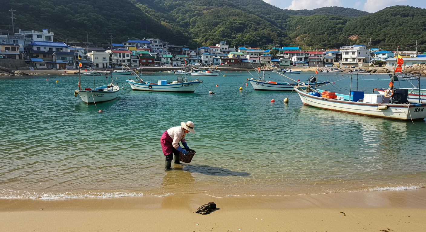 한국 해변 마을에서 엄마가 굴을 따고 있는 평화로운 풍경