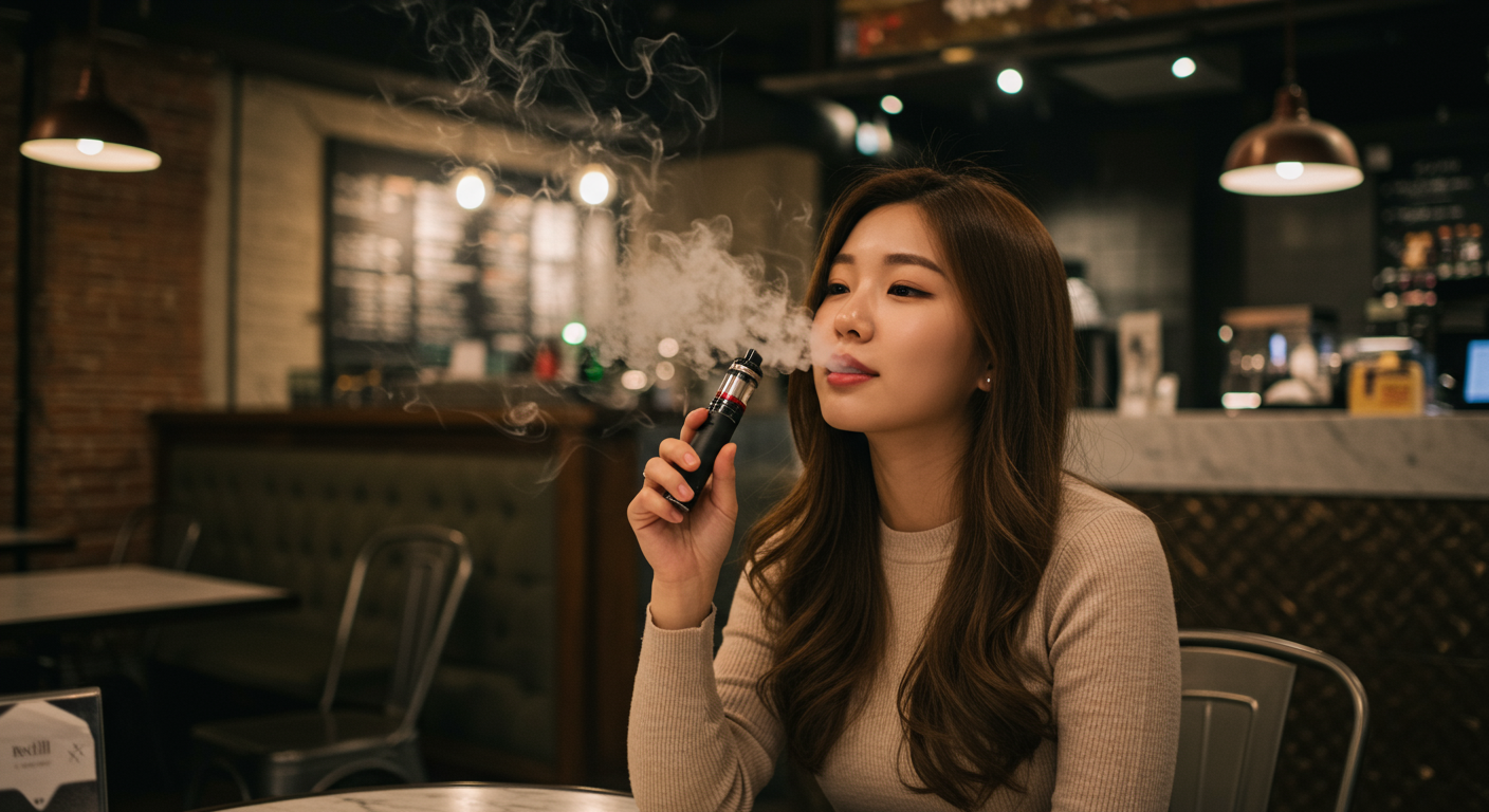 세련된 카페에서 니코틴 없는 증기를 내뿜으며 만족스러운 표정을 짓고 있는 한국 여성