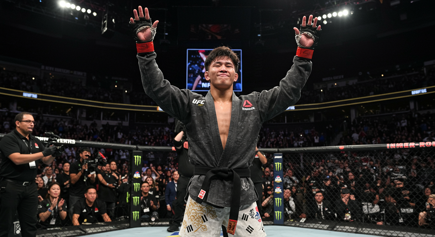 경기장에서 승리를 축하하는 격투기 선수의 모습