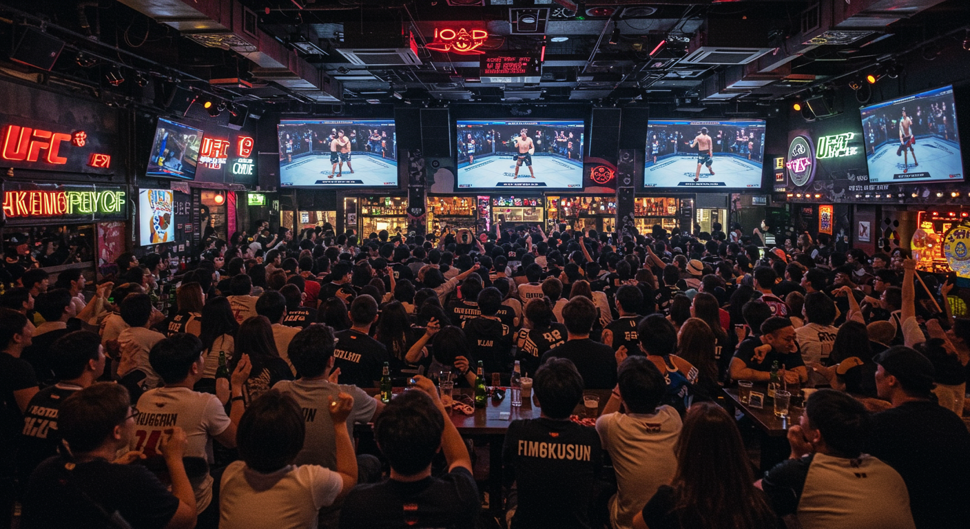 서울의 스포츠 바에서 아침 일찍 UFC 경기를 시청하는 팬들
