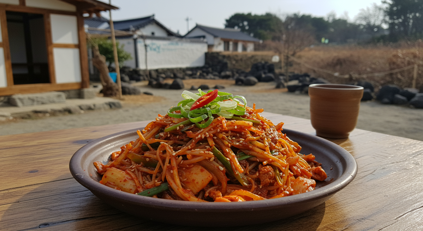 전통적인 제주도 음식인 객주리조림이 나무 테이블 위에 놓여 있는 모습