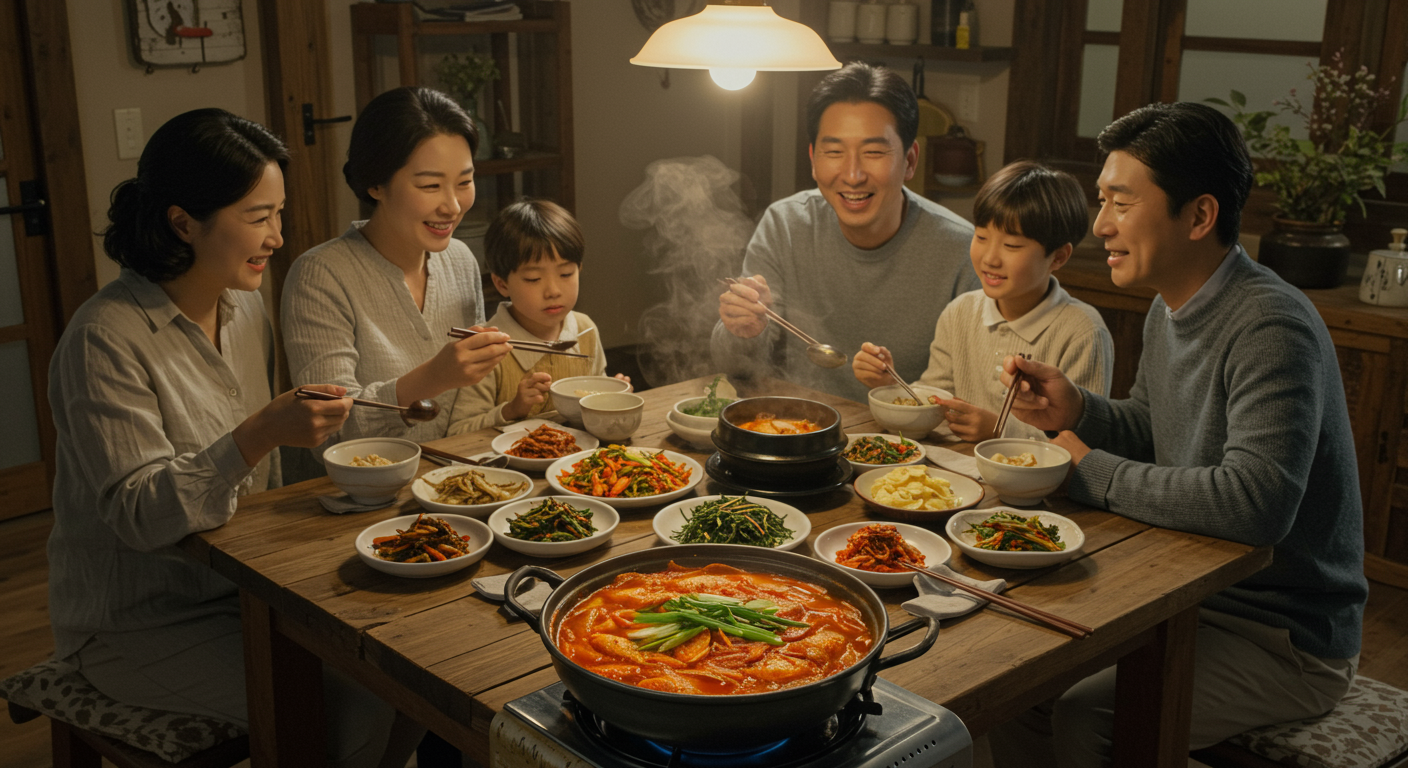 가족들이 식탁에서 제주 스타일의 생선찌개를 즐기는 모습