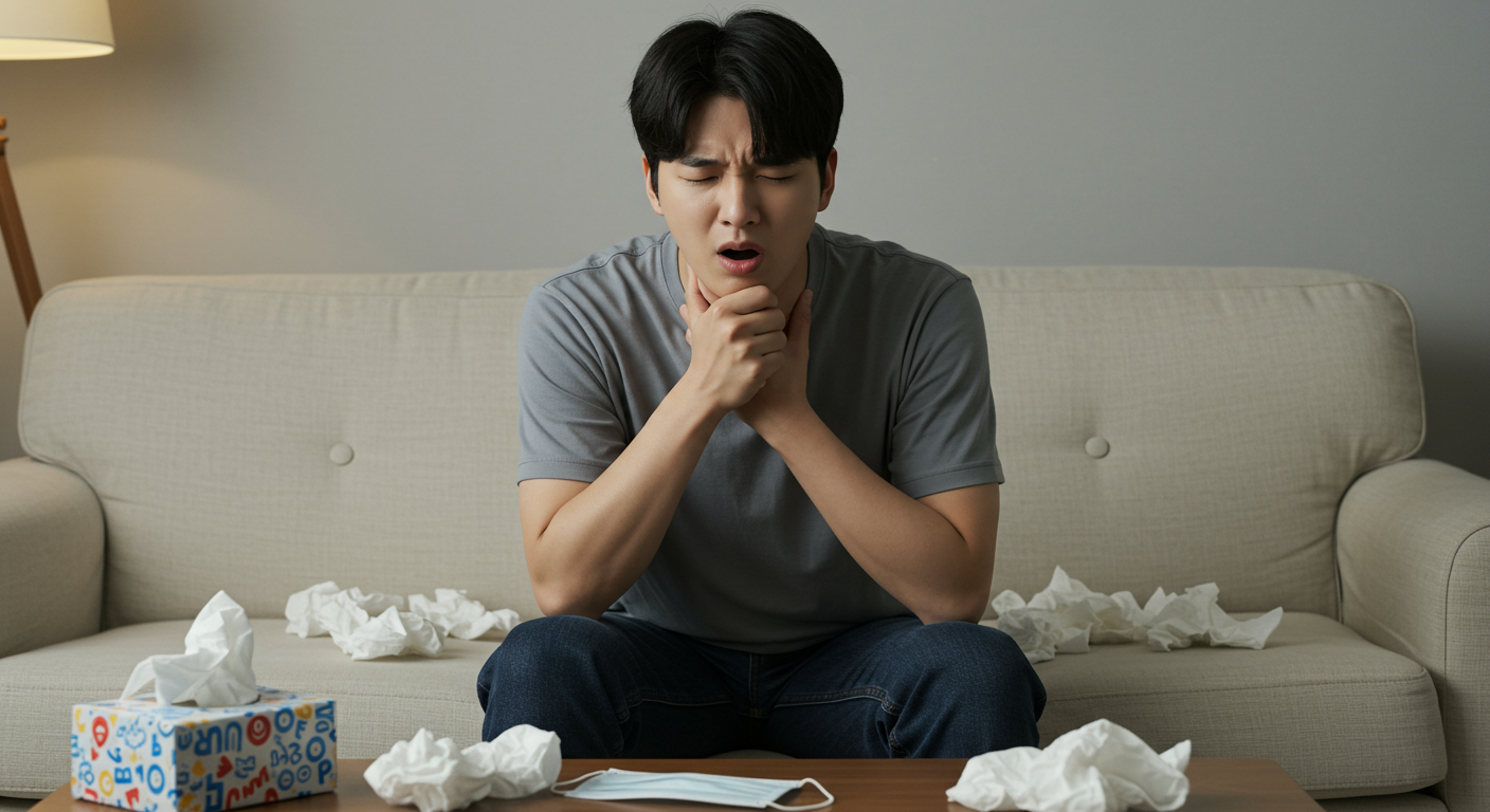 기침을 하며 목을 잡고 있는 사람의 모습