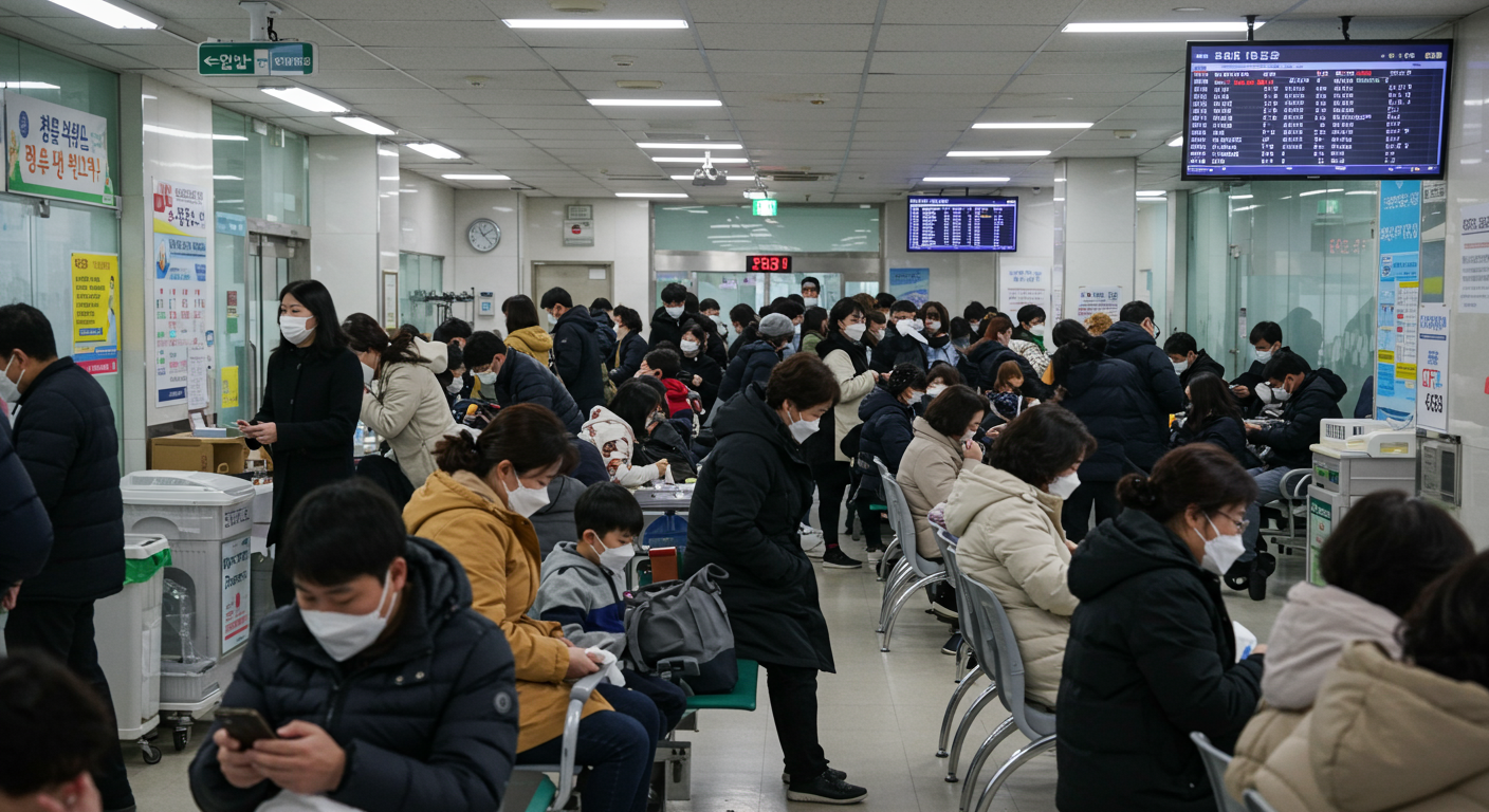 병원 대기실에서 마스크를 쓰고 대기 중인 환자들의 모습