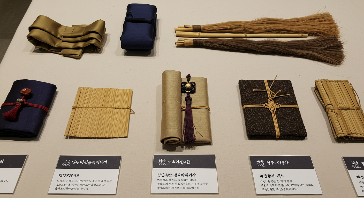 비단과 대나무 등으로 만든 다양한 갓 재료들의 클로즈업