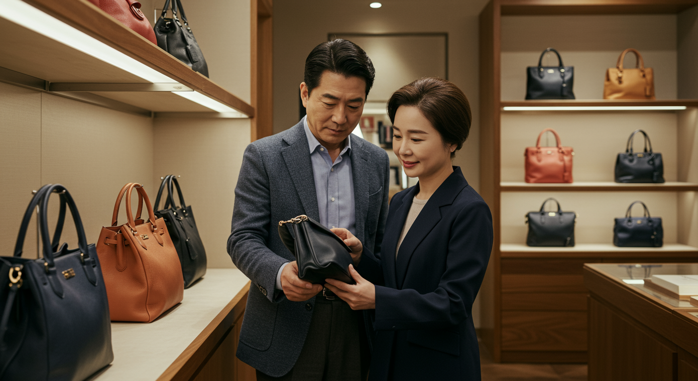 세련된 부티크에서 고급 가방을 살펴보는 중장년층 커플