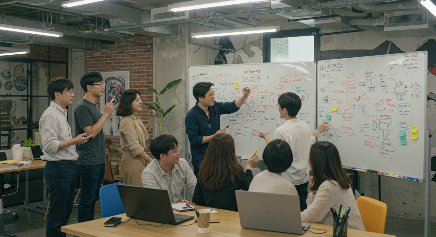 트렌디한 작업 공간에서 큰 화이트보드에 혁신적인 핀테크 솔루션을 브레인스토밍하는 창의적인 팀