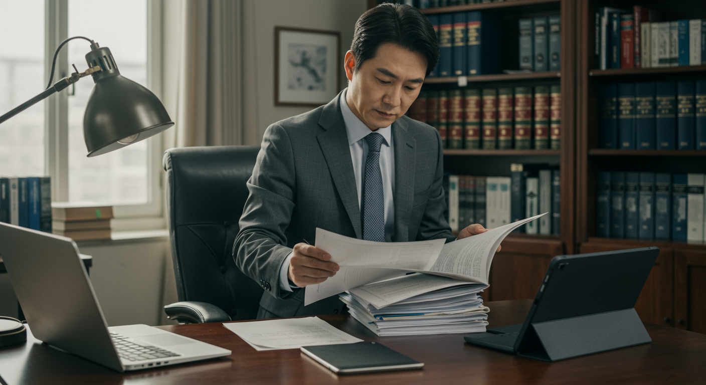 법률 서적과 디지털 기기에 둘러싸여 문서를 검토하는 법률 전문가