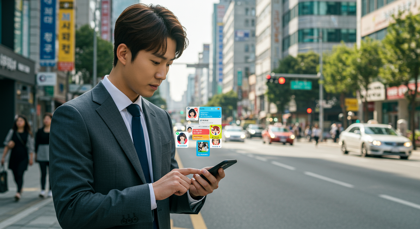 도시 거리에서 스마트폰으로 카톡 멀티프로필을 사용하는 직장인의 모습